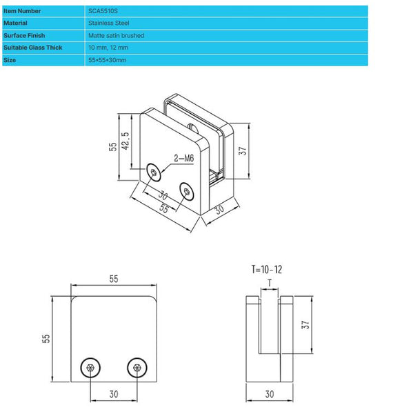 Square Glass Clamp for Glass Railings 316 Stainless Stee